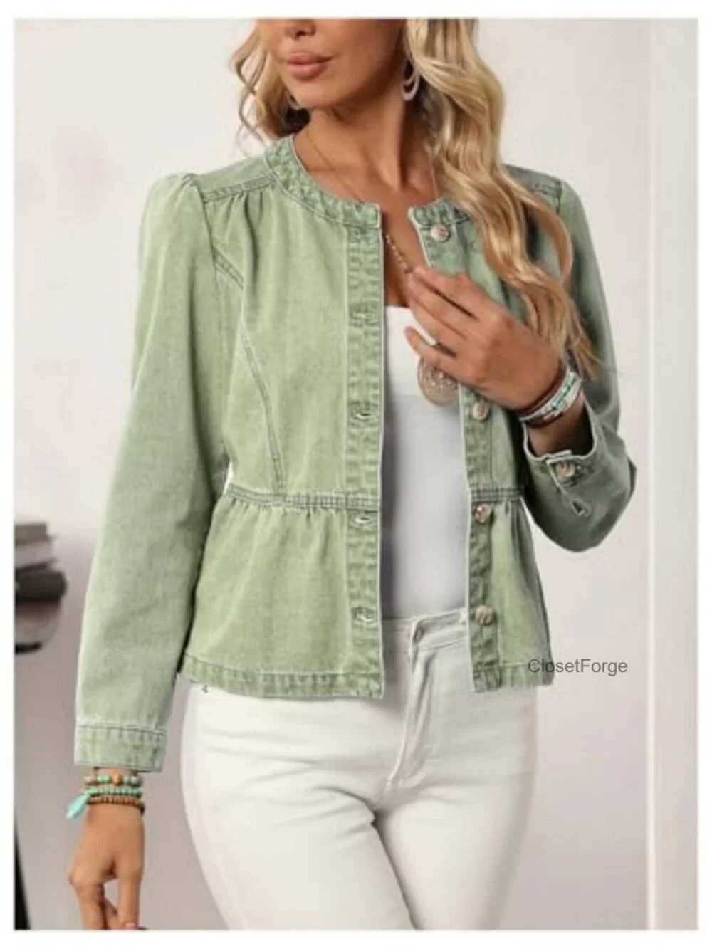 Women's Button Down Denim Jacket Long Puff Sleeve Ruffle Peplum Outerwear